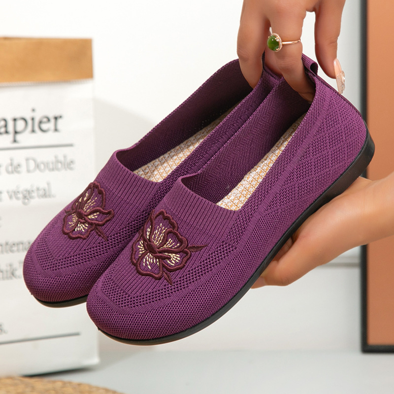 Embroidery Garments - Damen-Strick-Slipper mit Blumenstickerei, flache Schuhe, atmungsaktives