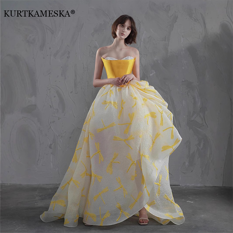 Embroidery Yellow Dress - Elegantes gelbes Satin-Oberteil, Festzugskleider für Hochzeitsgäste,
