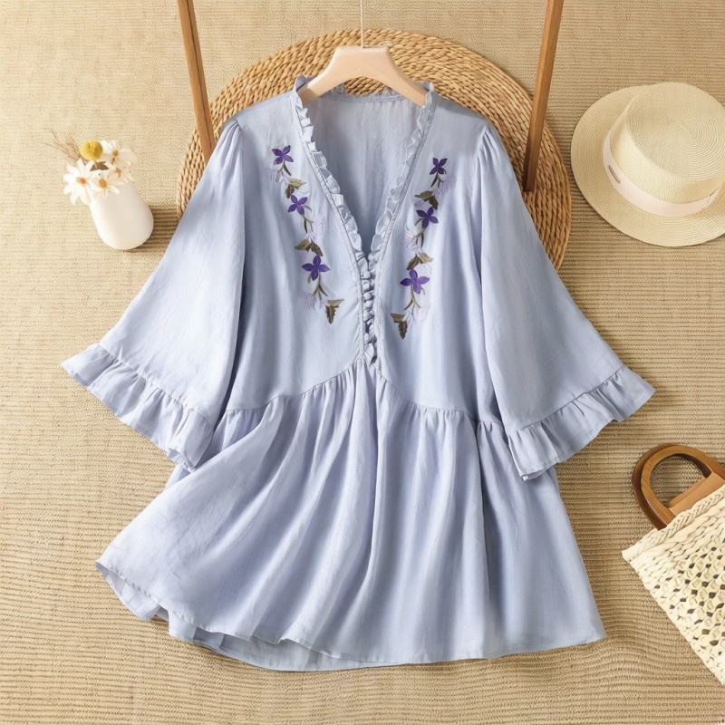 Embroidery Cotton Shirt - Elegantes lila Blumenstickerei-Baumwoll-Leinen-Hemd mit sanfter Faltenverarbeitung,
